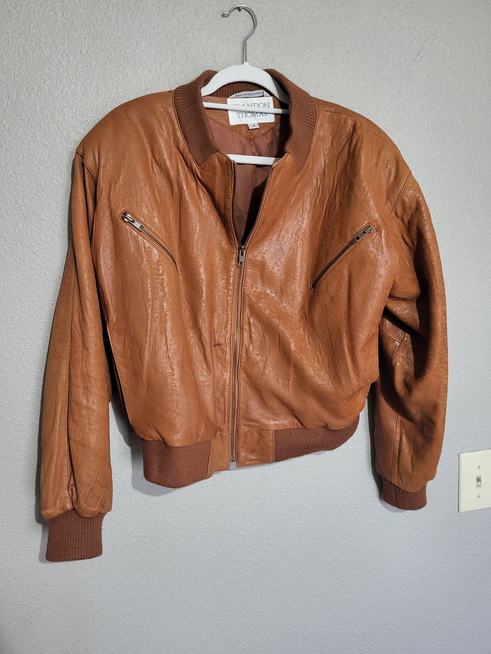 Brandon Thomas Vintg Bomber Jacket  Brown Cognac Leather Biker Ribbed Knit Y2K M